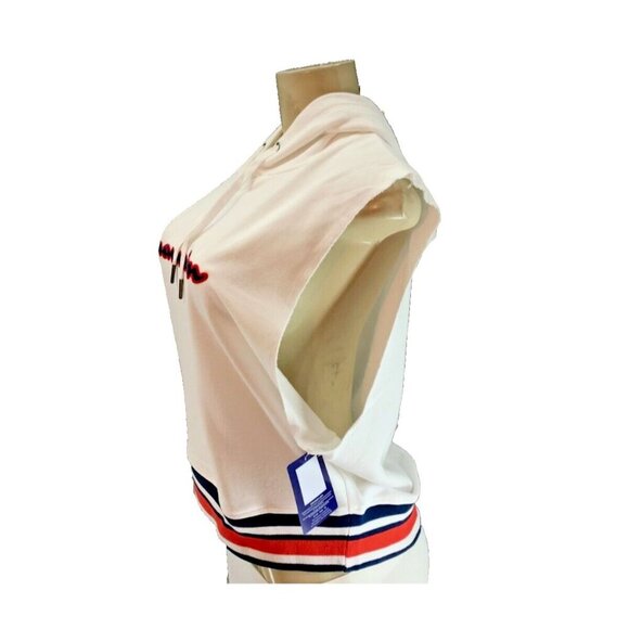Champion XL Logo White Striped Accent Raw Edge Sleeveless Crop Drawstring Hoodie - Picture 5 of 6